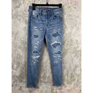 American Eagle Distressed Skinny Jeans‎ Medium Wash Women's 4 Y2K Stretch Denim